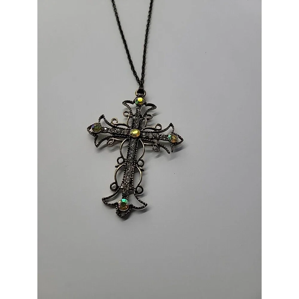 Gold Tone Cross Pendant Necklace Rhinestone AB Crystal Filigree Ornate Vintage‎
